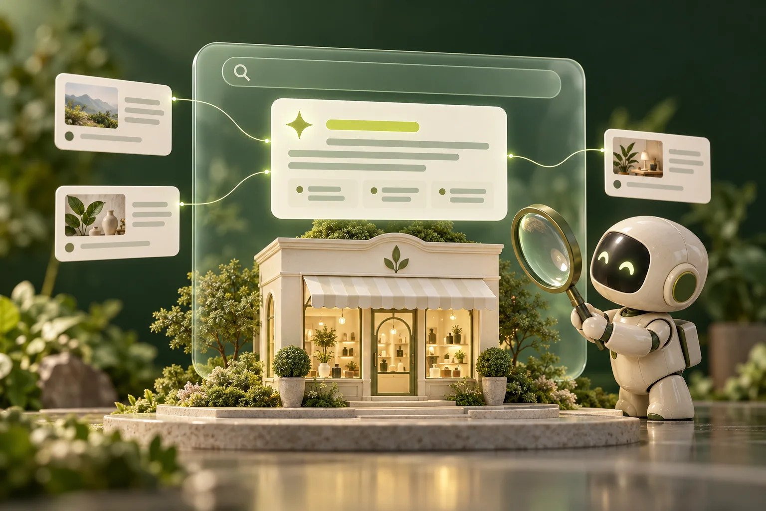 An AI summary card floats above a miniature storefront, linked to external source cards as a friendly robot inspects it.