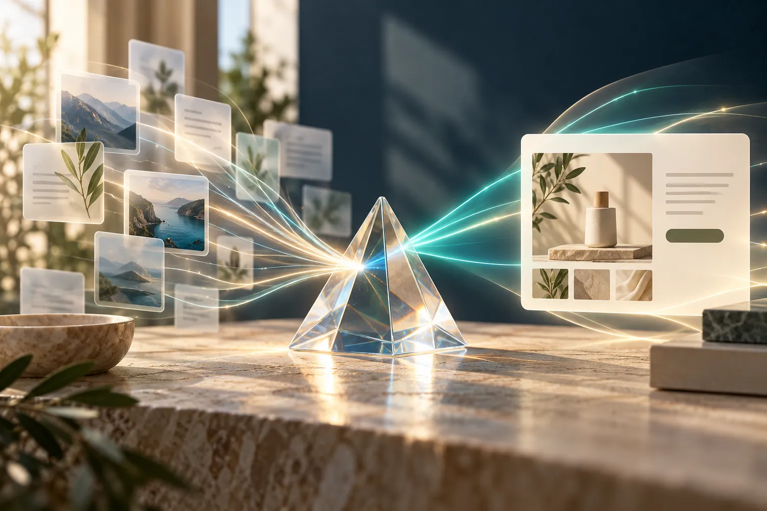 Conceptual illustration of information cards sending light through a glass prism toward a product page.