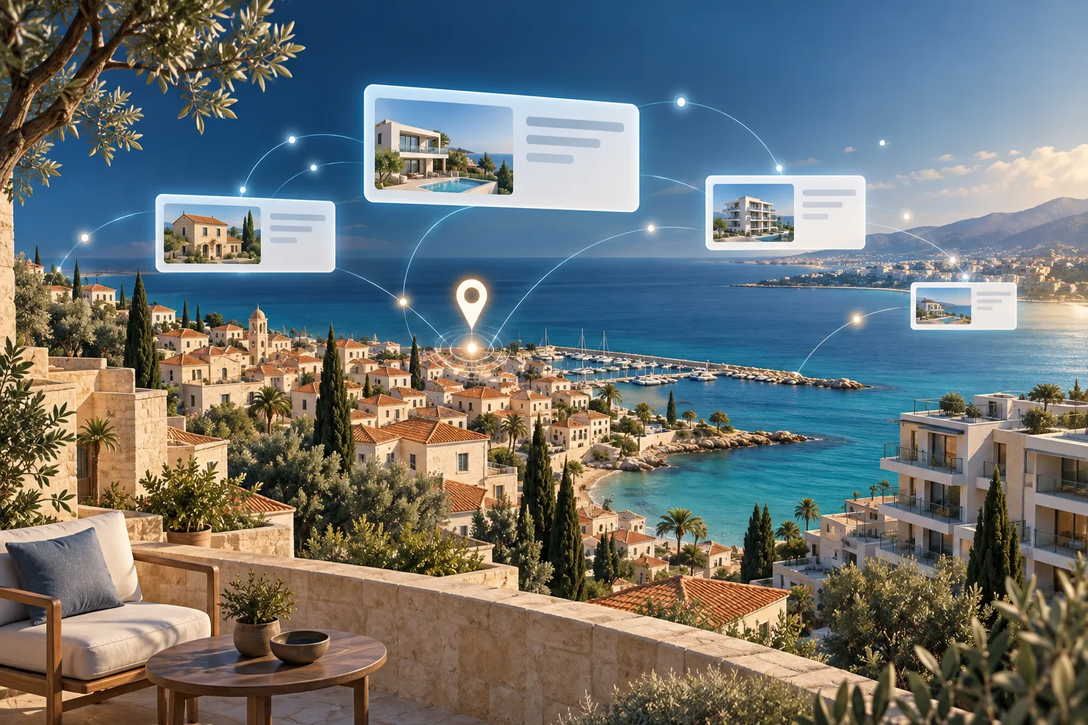 Conceptual illustration of a Cyprus-inspired coastline with property search cards, a location pin and connected AI discovery nodes.