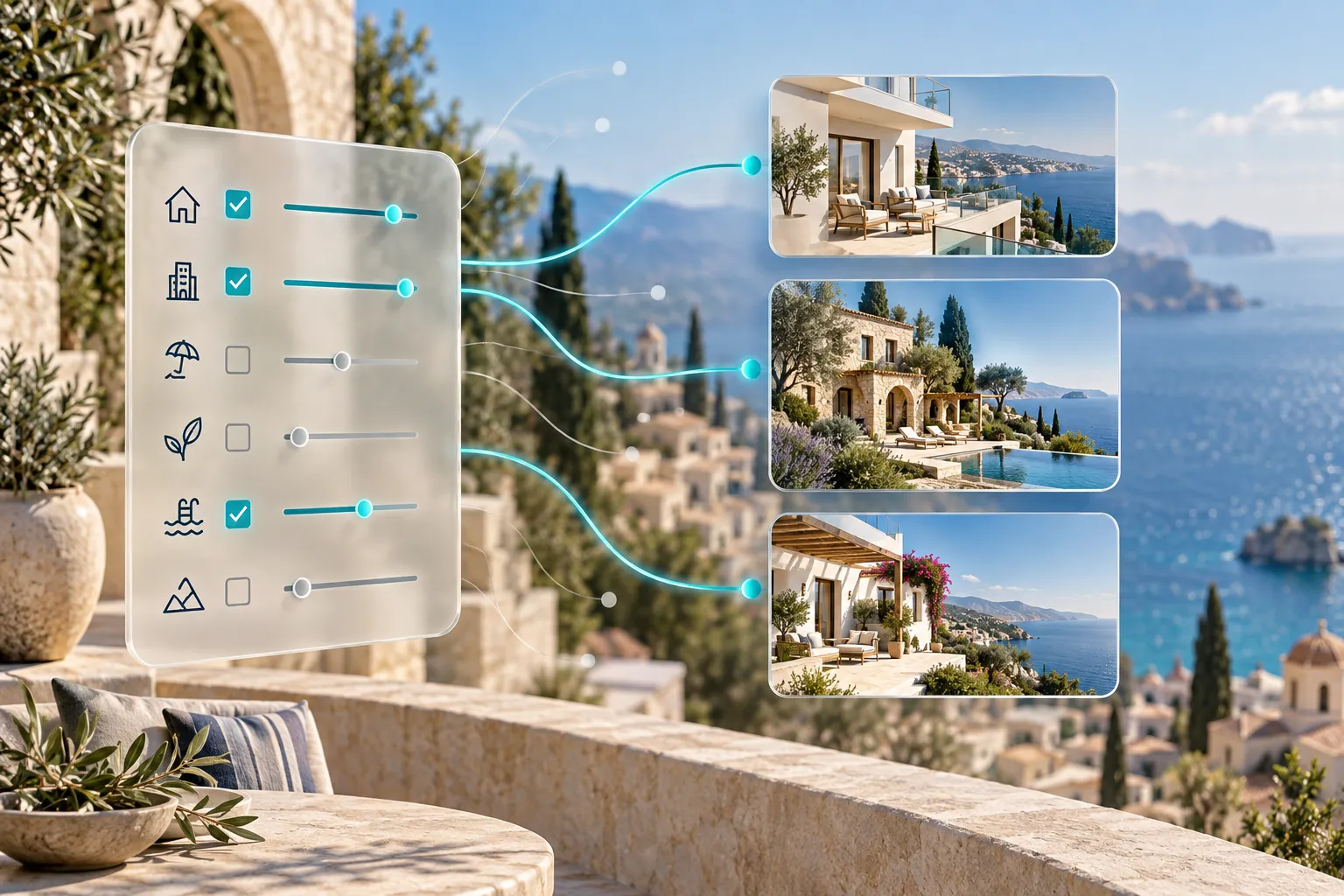 Conceptual property filter panel with checkboxes and sliders connected to three Mediterranean property cards.