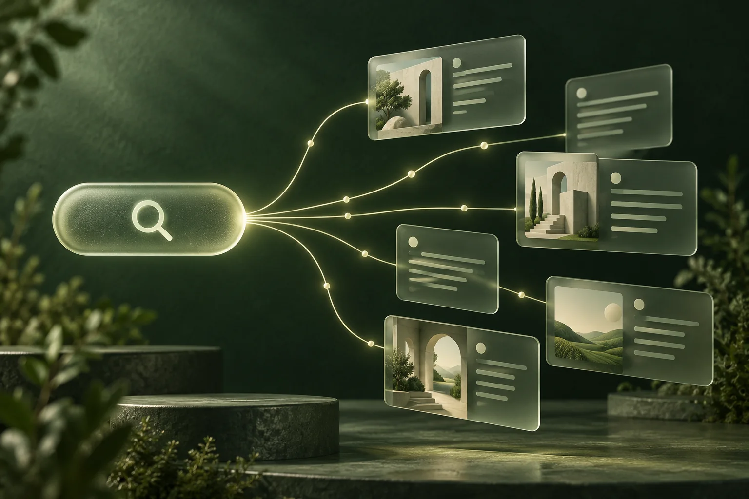 A search capsule branches into floating content cards, illustrating query fan-out across related topics.