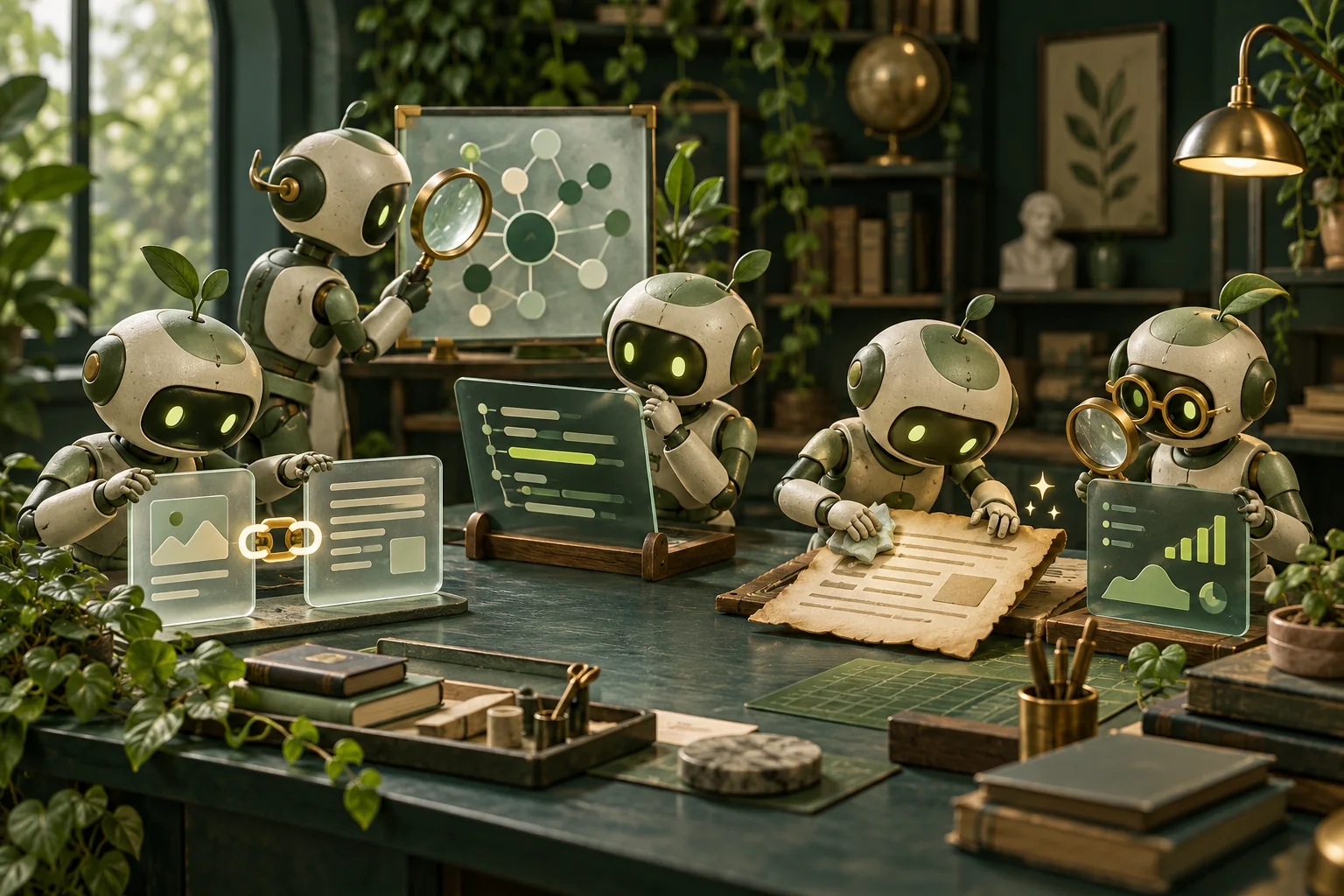 Five friendly robot assistants work on links, topic research, code, content updates and analytics in a green workshop.