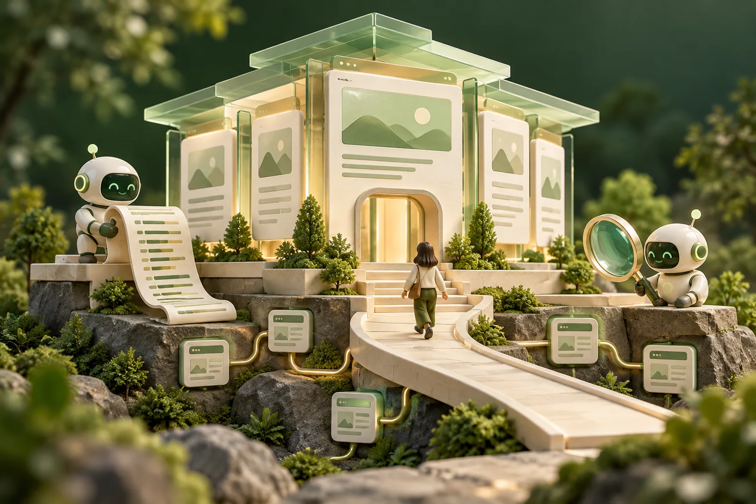 Two friendly robots inspect a website pavilion and its connected foundations while a person approaches the entrance.