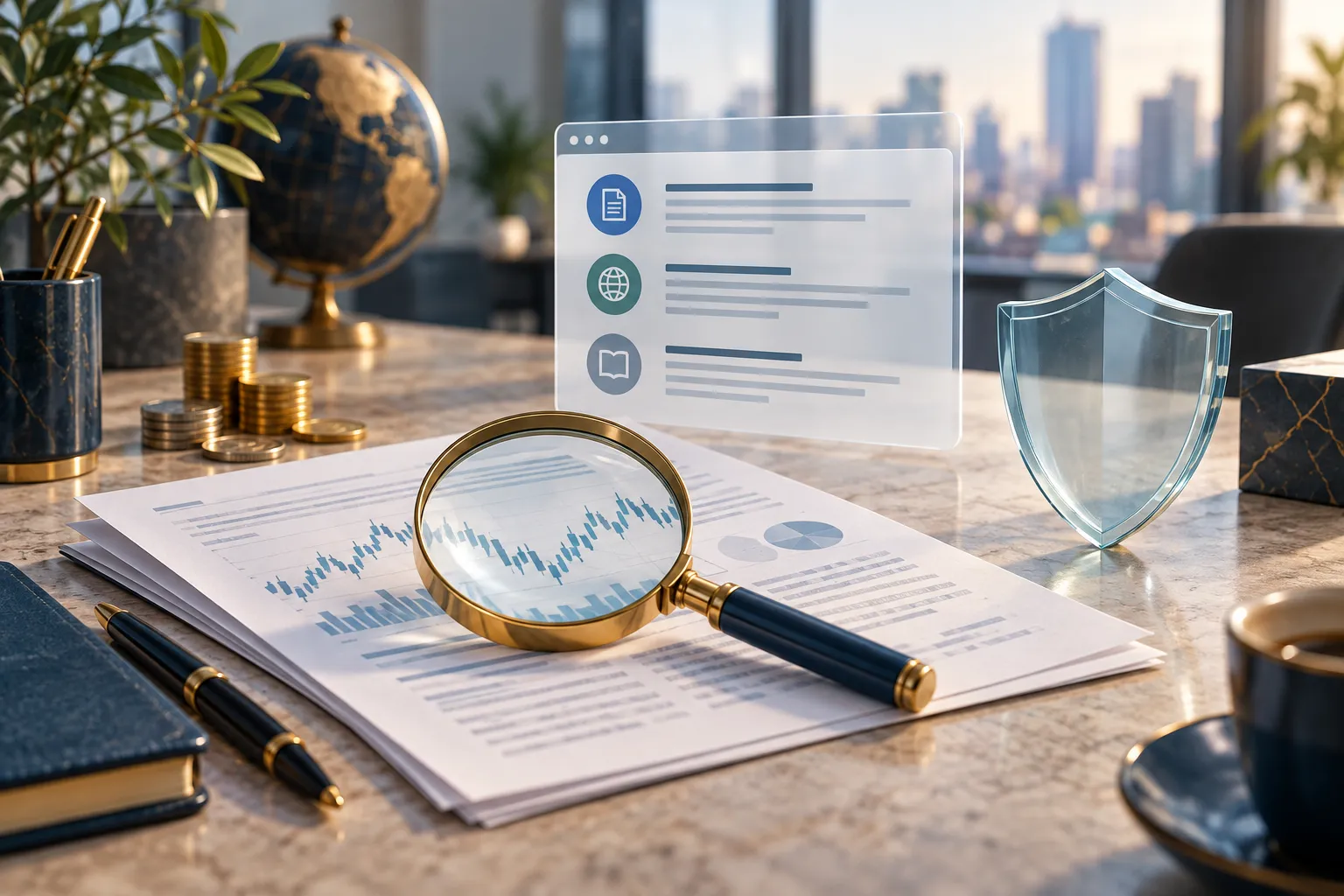 Conceptual illustration of financial research under a magnifying glass, with source references and a glass shield representing trust.
