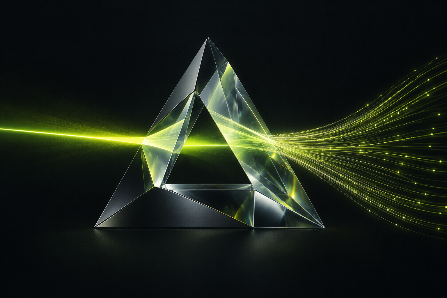 Sculptural glass prism refracting a vivid lime beam into fine light signals